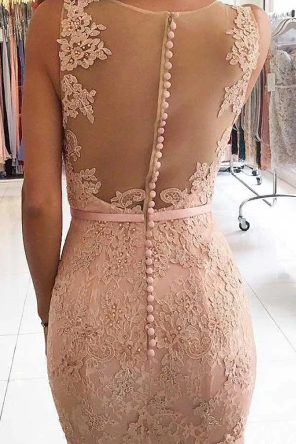 Mermaid V-Neck Sweep Train Pink Lace Prom Dress with Beading  PG460