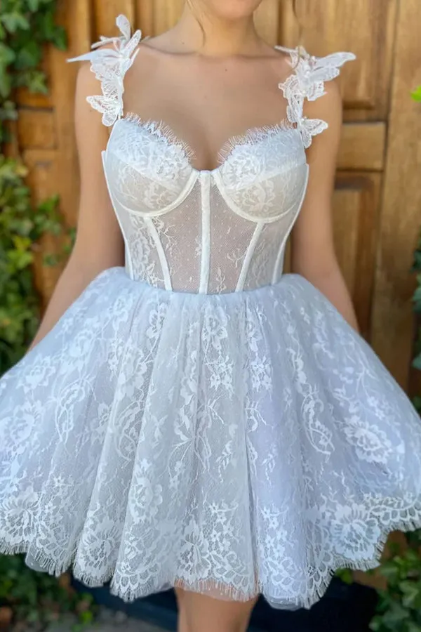 Mini White Homecoming Dress Lace Short Prom Dress TN413