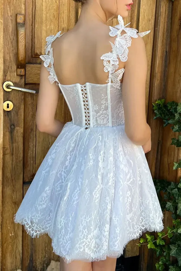 Mini White Homecoming Dress Lace Short Prom Dress TN413