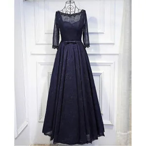 Navy Blue Long Sleeves Lace Up Back Formal Cheap Long Prom Dresses, BGP007
