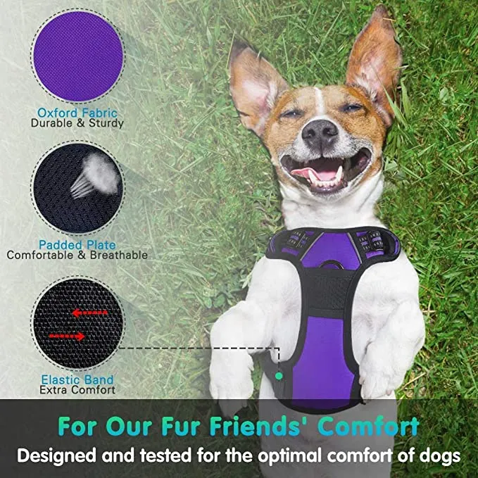 New No Pull Dog Harness with Front Clip, Walking Pet Harness with 2 Metal Ring and Handle Reflective Oxford Padded Soft Vest in Purple, Sz S!