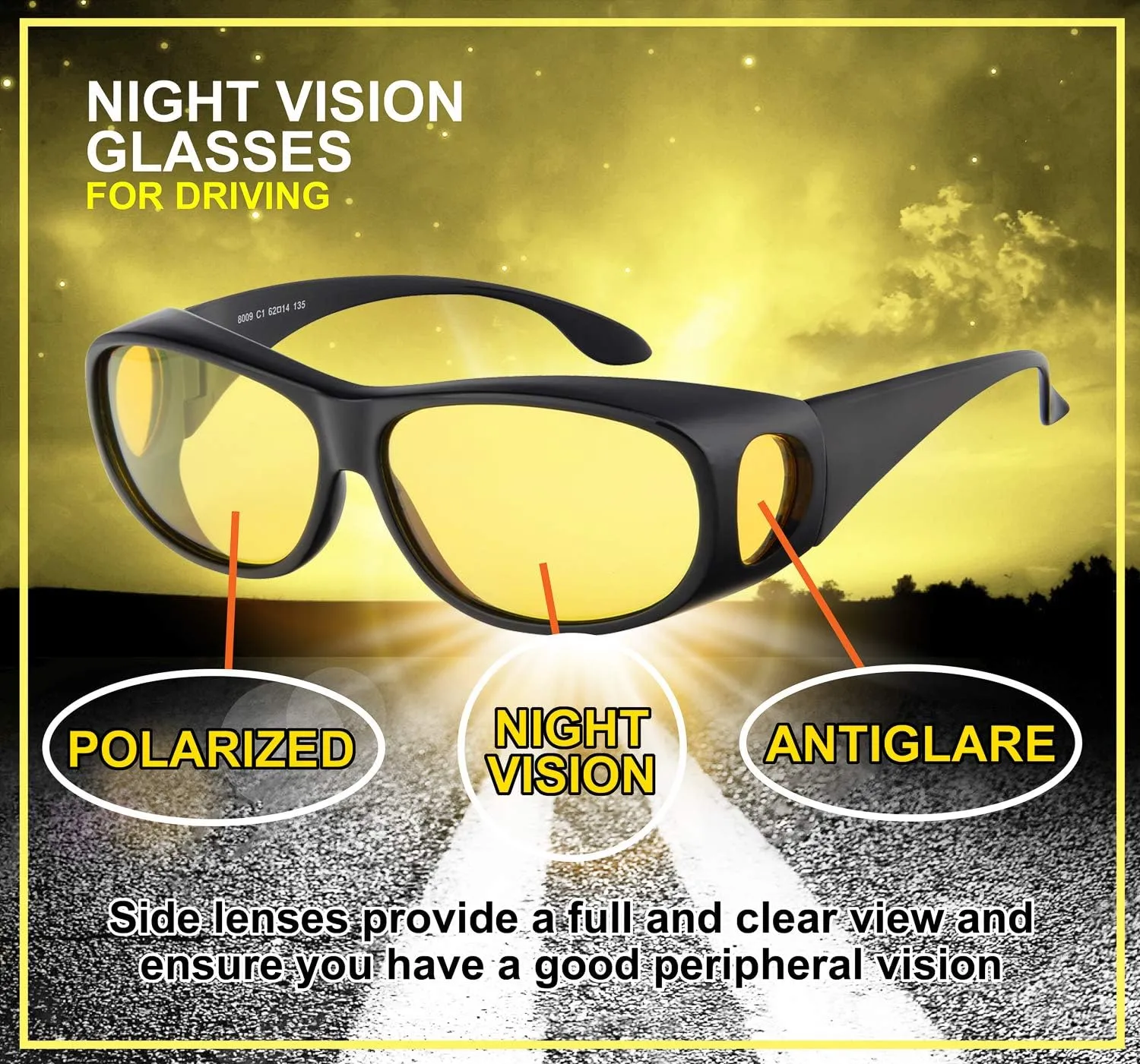 Night Driving Glasses Anti Glare Polarized Night Vision Yellow Driving Fit Over Driving Sunglasses Men and Women