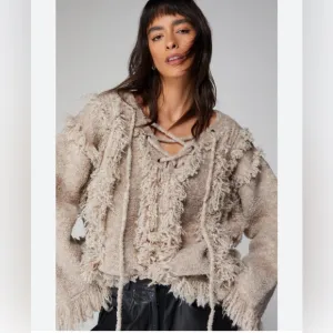 NWT Nasty Gal Oversized Lace Up Fringe jumper Beige size L wool blend