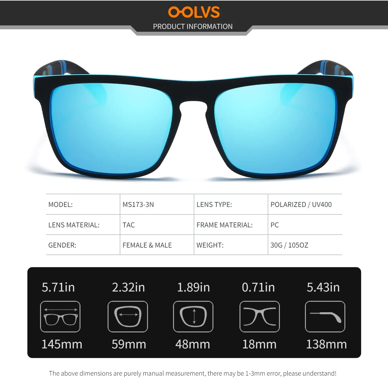 OOLVS Outdoor Sports Sunglasses Polycarbonate Square Frame UV400 HD Polarized Mirrored Lens Men's Women's Casual Driving Classic Sun Glasses Fashion Casual Cycling Gafas De Sol MS173-3N
