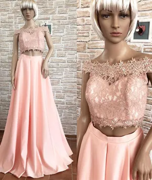 Pink off shoulder lace two pieces long prom dress, pink lace evening dress