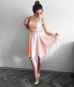 Pink round neck lace chiffon short prom dress, pink homecoming dress