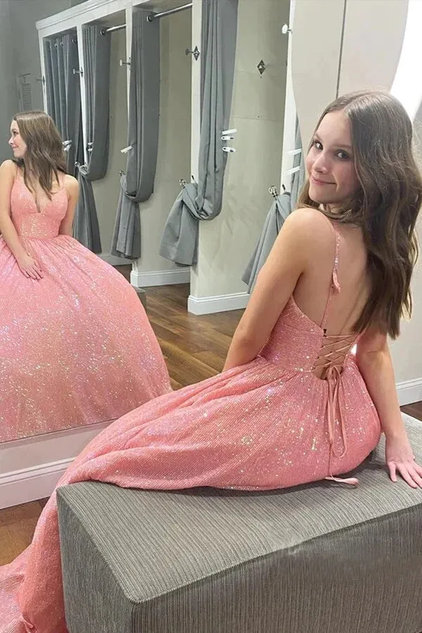 Pink Sparkly Sequins A-Line V-neck Spaghetti Straps Prom Dresses With Pockets OK2009