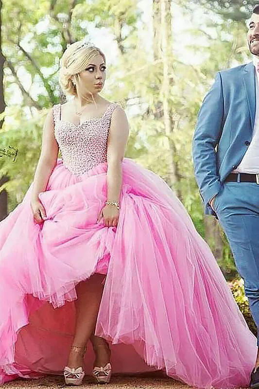 Pink Tulle Sweetheart Beading Sleeveless Ball Gowns Long Plus Size Prom Dress OK665