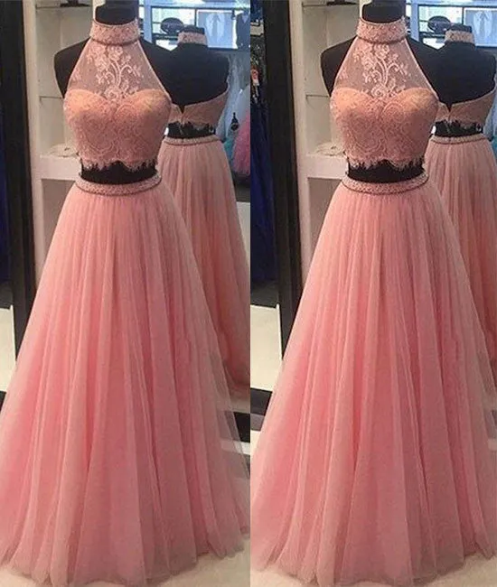 Pink two pieces lace tulle long prom dress, pink evening dress
