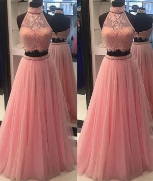 Pink two pieces lace tulle long prom dress, pink evening dress