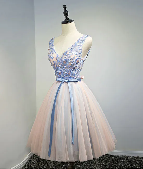 Pink v neck tulle lace appplique short prom dress, homecoming dress