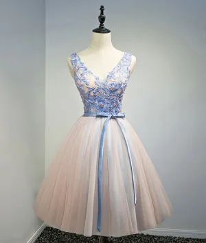 Pink v neck tulle lace appplique short prom dress, homecoming dress