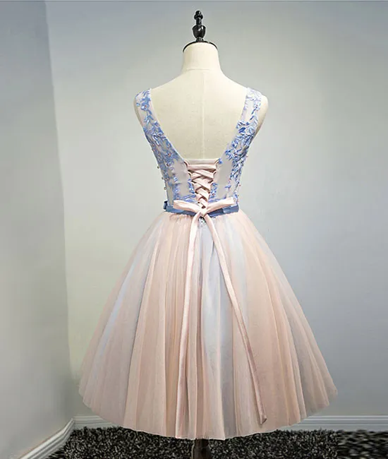 Pink v neck tulle lace appplique short prom dress, homecoming dress