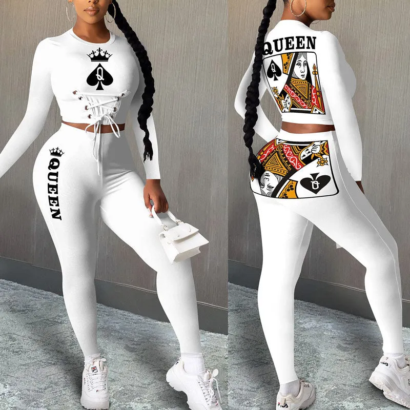 Poker Print Design Lace-Up Eyelet Long Sleeve Top & Pants Set
