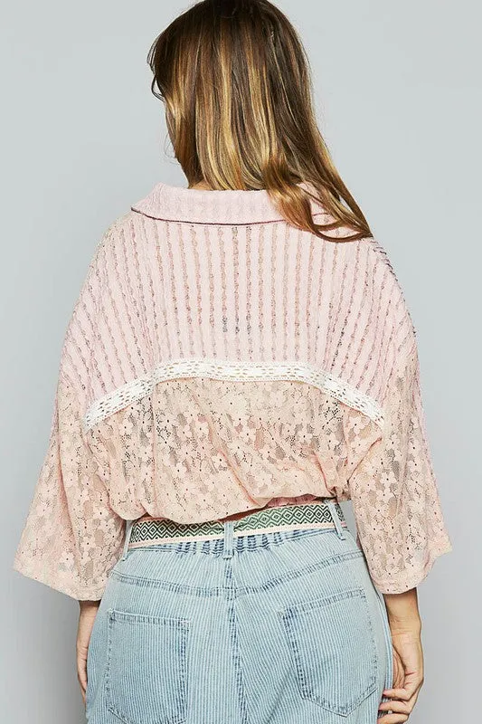 POL Lace Drawstring Hem Button Up 3/4 Sleeve Shacket