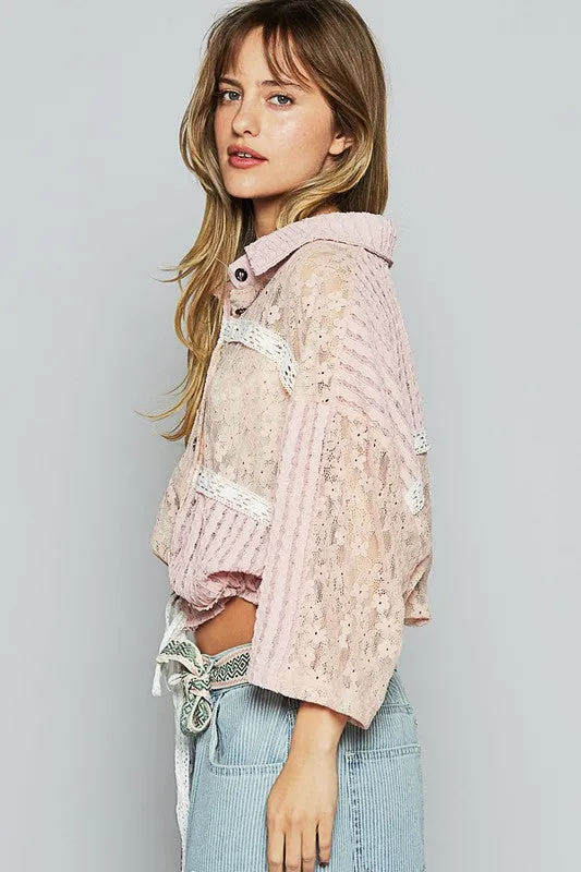 POL Lace Drawstring Hem Button Up 3/4 Sleeve Shacket