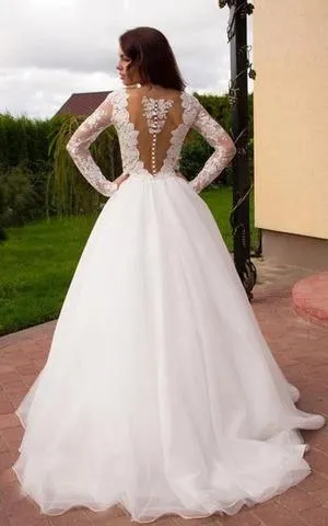 Princess A-Line V-Neck Tulle Ivory Long Sleeves Wedding Dresses  WD181