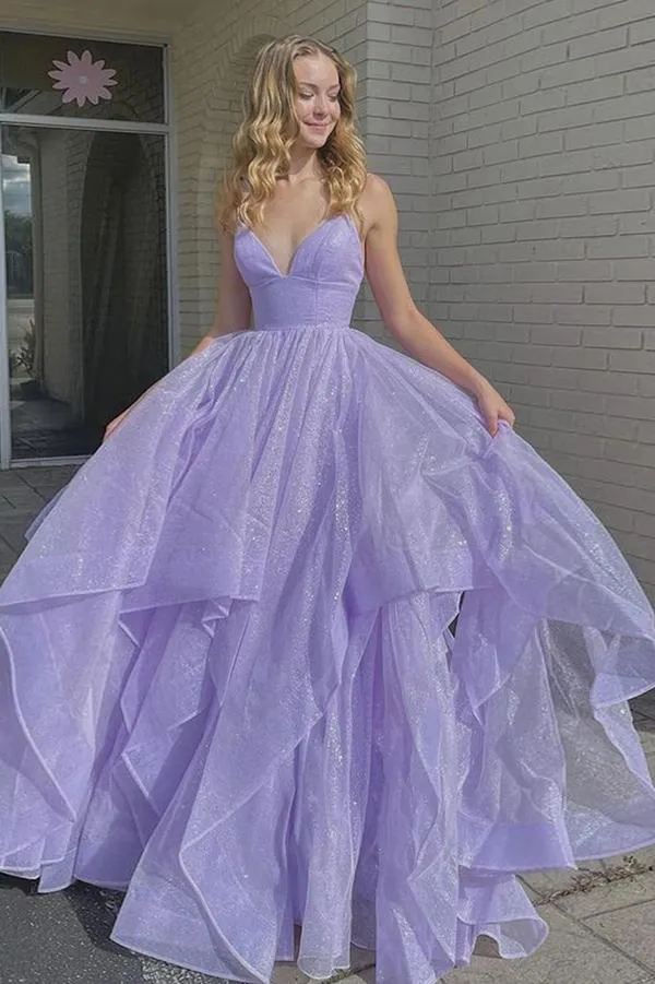 Princess Lavender Tiered Spaghetti Straps A Line Long Prom Dress OK1109