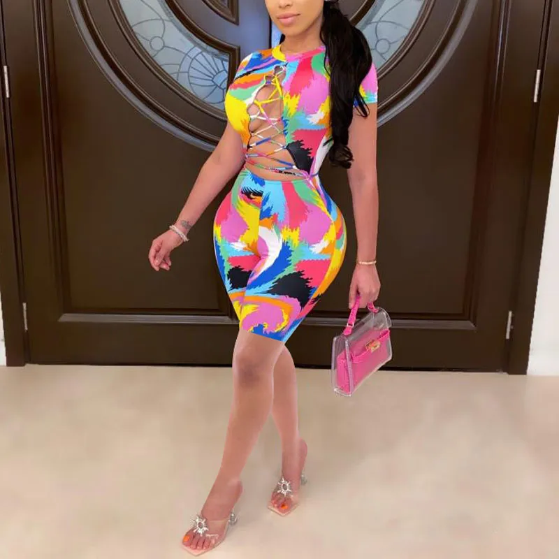 Print Short Sleeve Lace Up Bandage Romper
