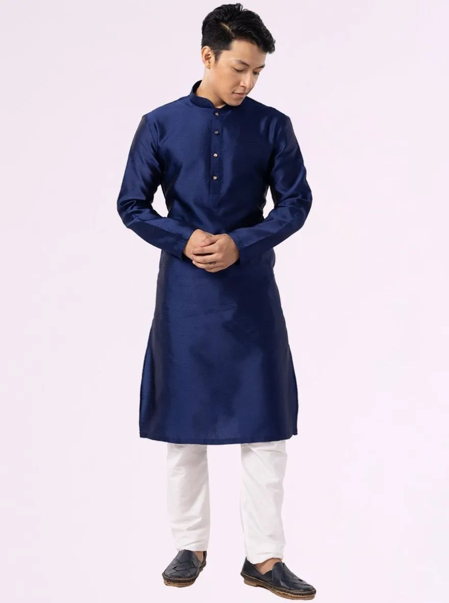 Prussian Blue Self-Textured Cotton Blend Kurta | The Kurta Company