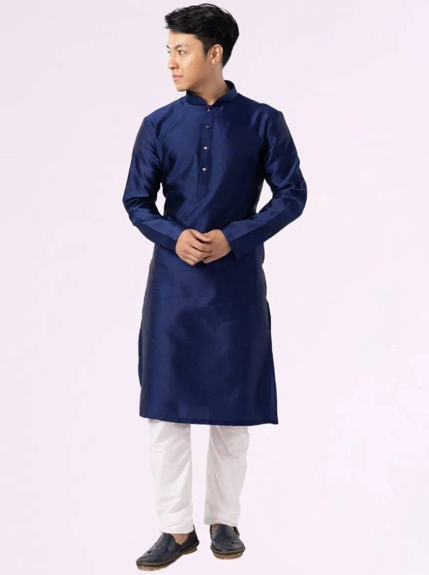 Prussian Blue Self-Textured Cotton Blend Kurta | The Kurta Company