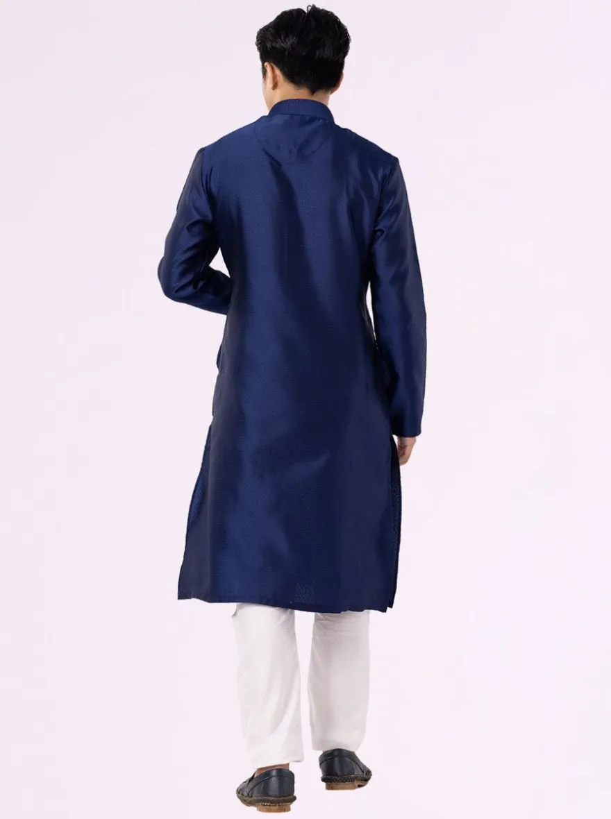 Prussian Blue Self-Textured Cotton Blend Kurta | The Kurta Company