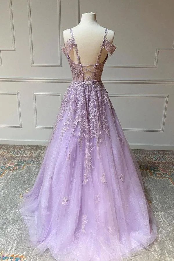 Purple V Neck Tulle Lace Long Prom Dress Purple Lace Formal Dress  TP1042