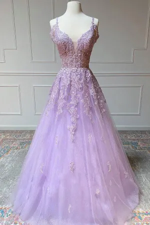 Purple V Neck Tulle Lace Long Prom Dress Purple Lace Formal Dress  TP1042