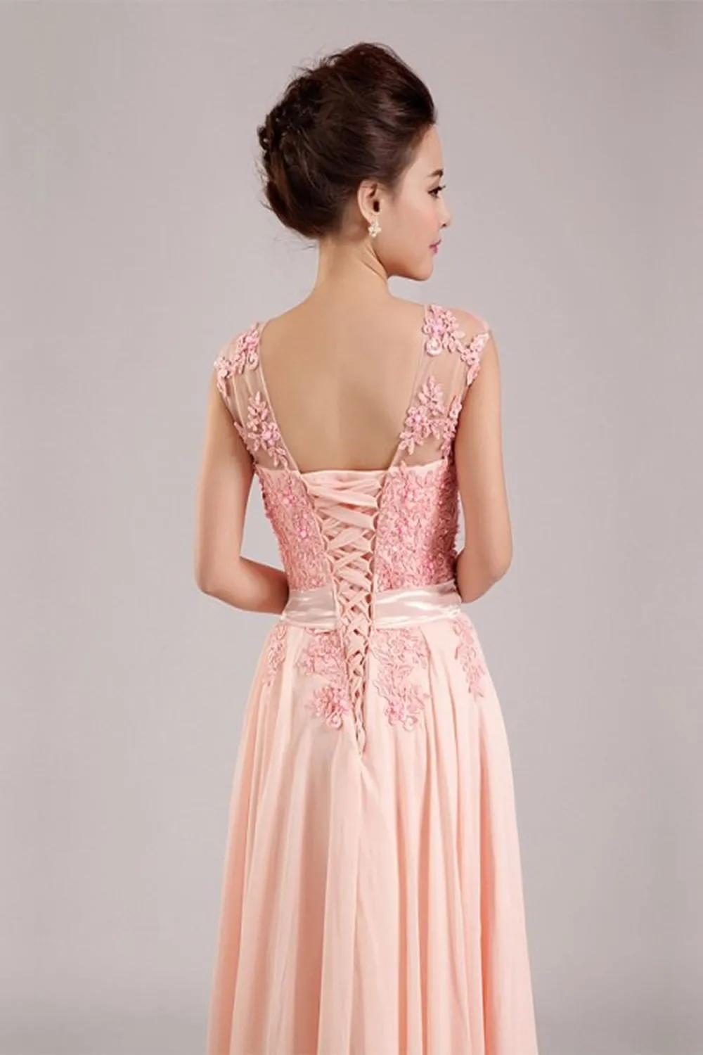 Real Beauty Long Lace Blush Pink Back Up Lace Prom Dress K68