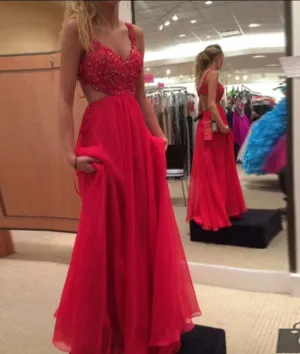Red A-line chiffon lace long prom dress, red evening dress