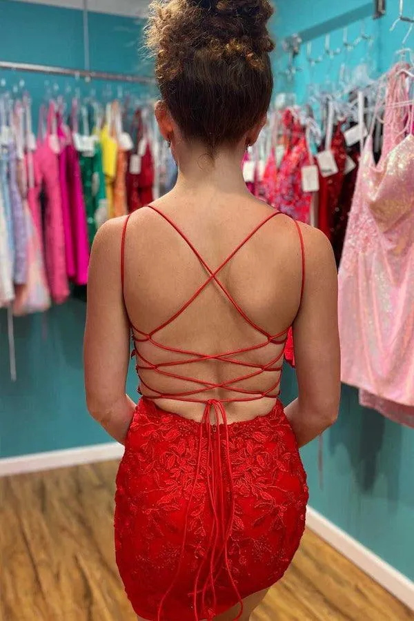 Red Appliques Plunge V Neckling Lace Up Homecoming Dress HD0173
