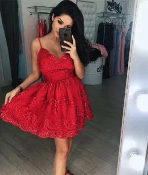 Red v neck lace short prom dress, homecoming dress