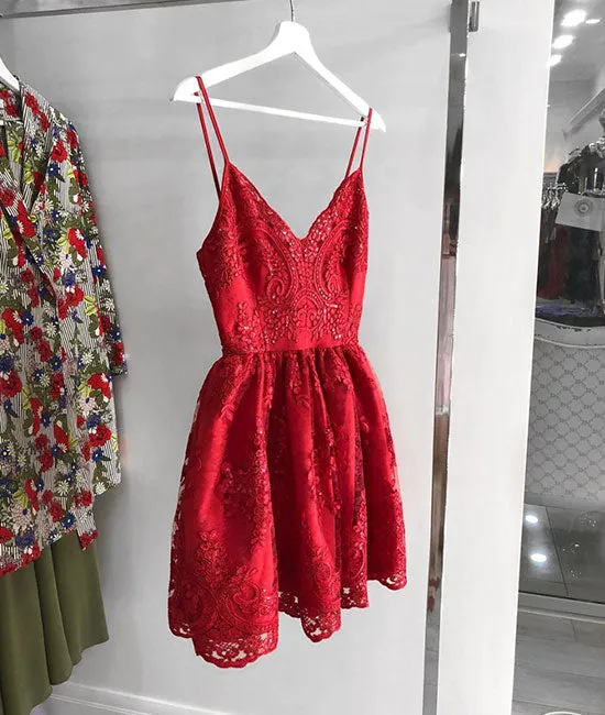 Red v neck lace short prom dress, homecoming dress