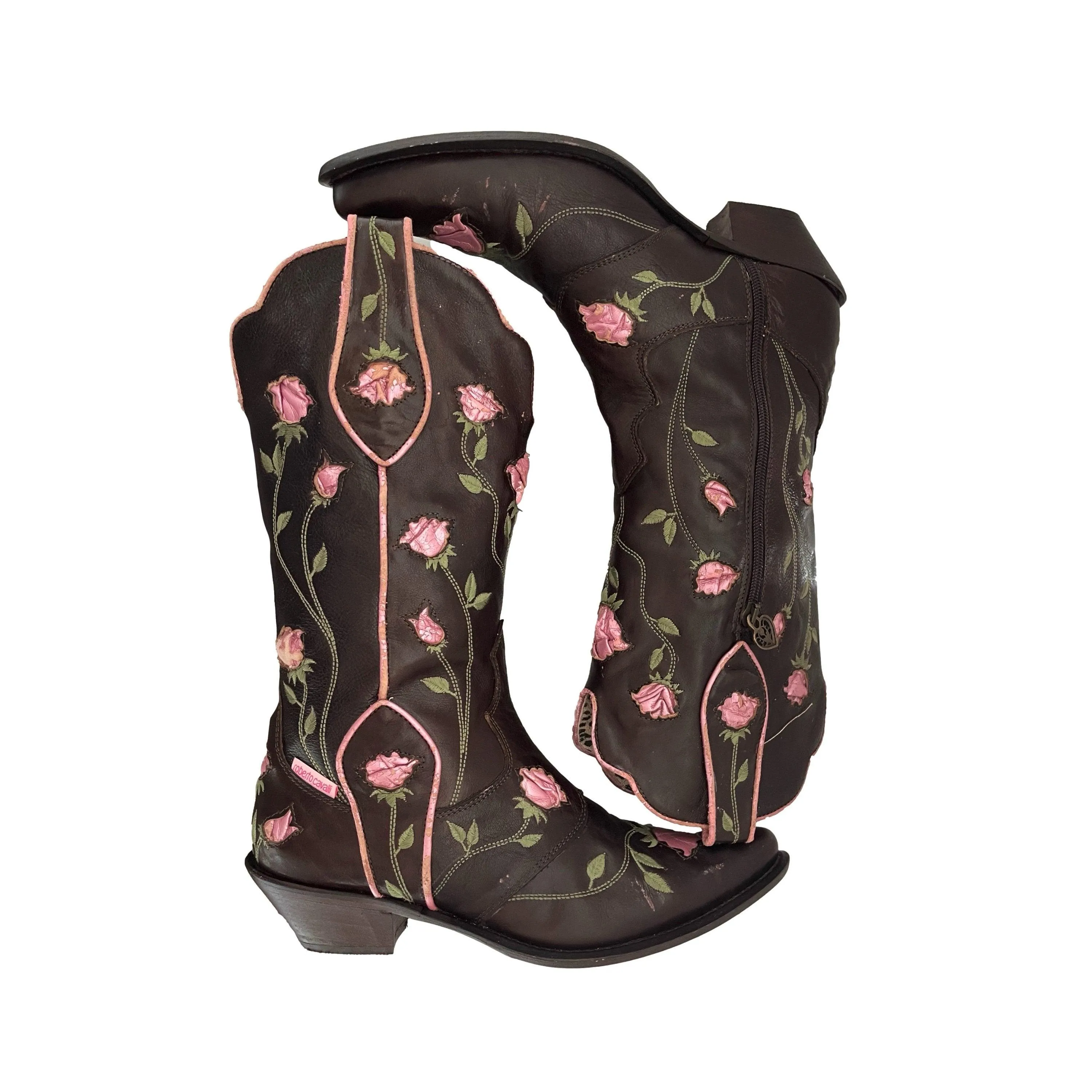 Roberto Cavalli Brown Rose Cowboy Boots