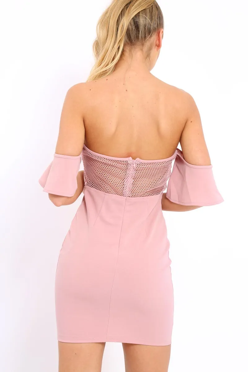 Rose Bardot Frill Lace up Front Bodycon Dress - Ciceley