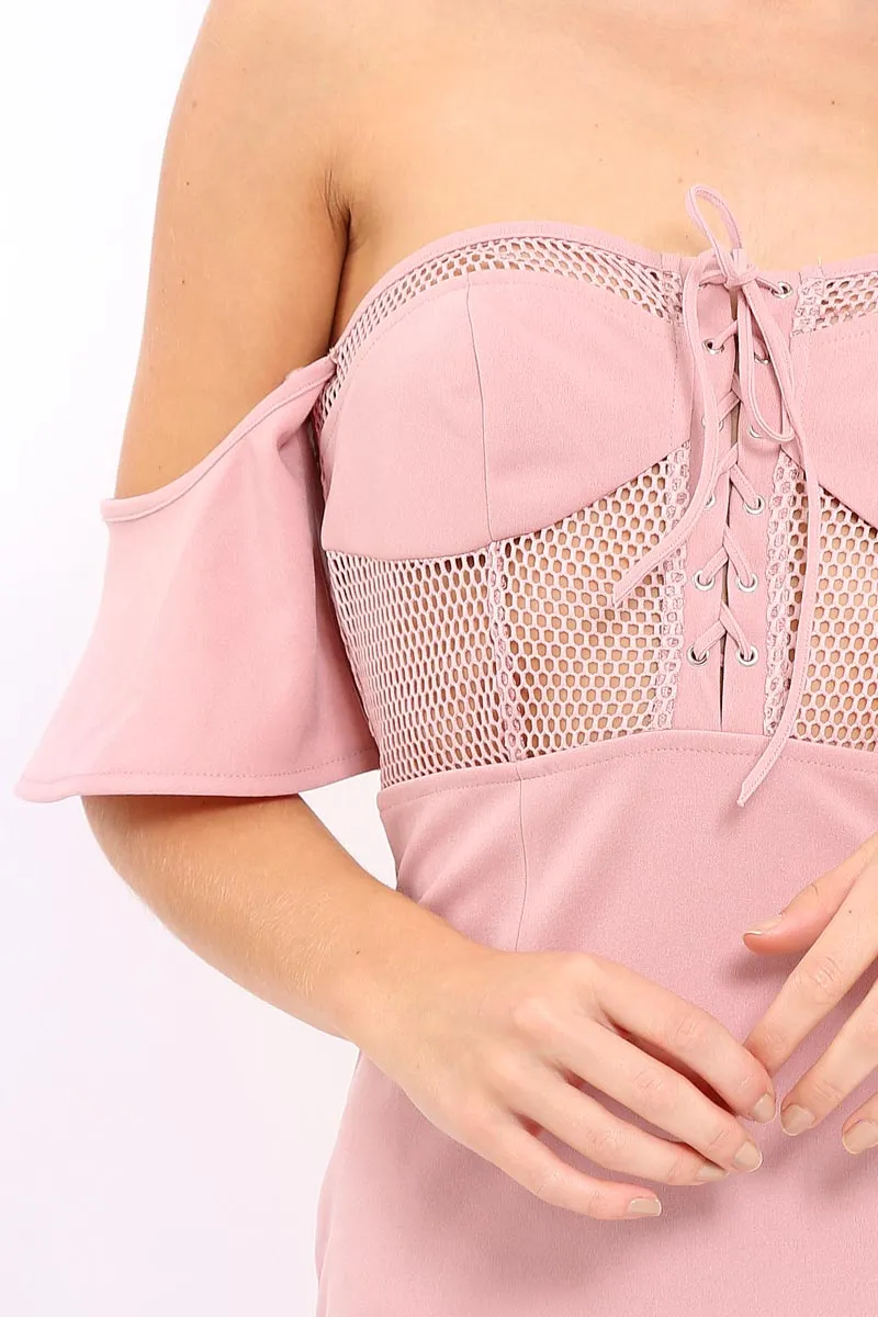Rose Bardot Frill Lace up Front Bodycon Dress - Ciceley