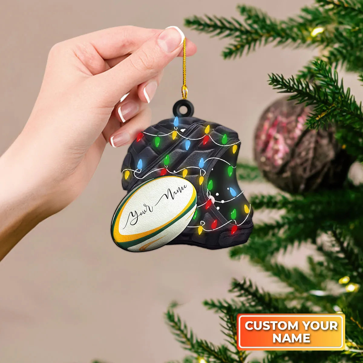 Rugby Union Ball And Scrum Cap - Custom Shaped Ornament 1037