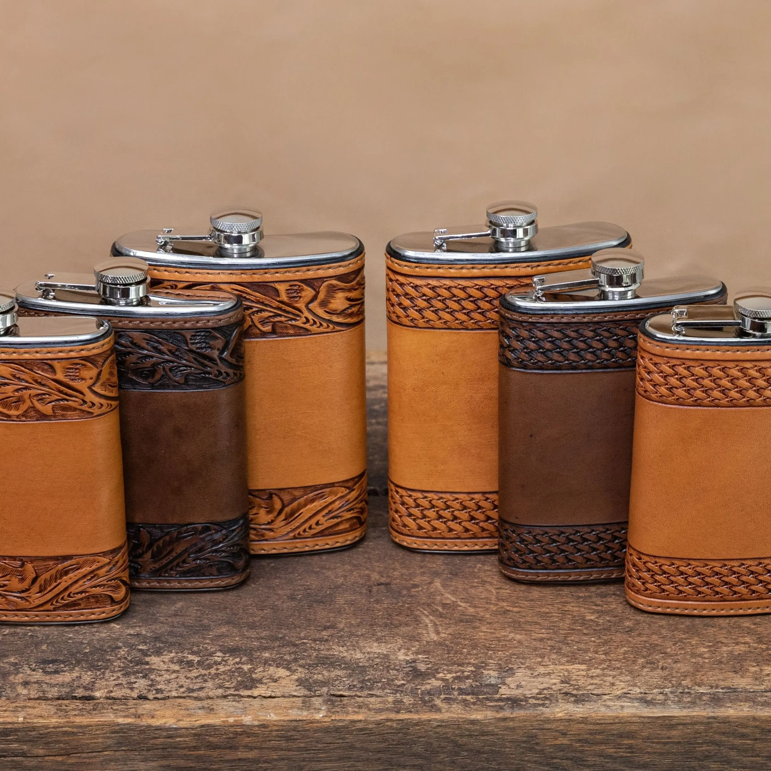 Russet Tooled Basket Weave Flask