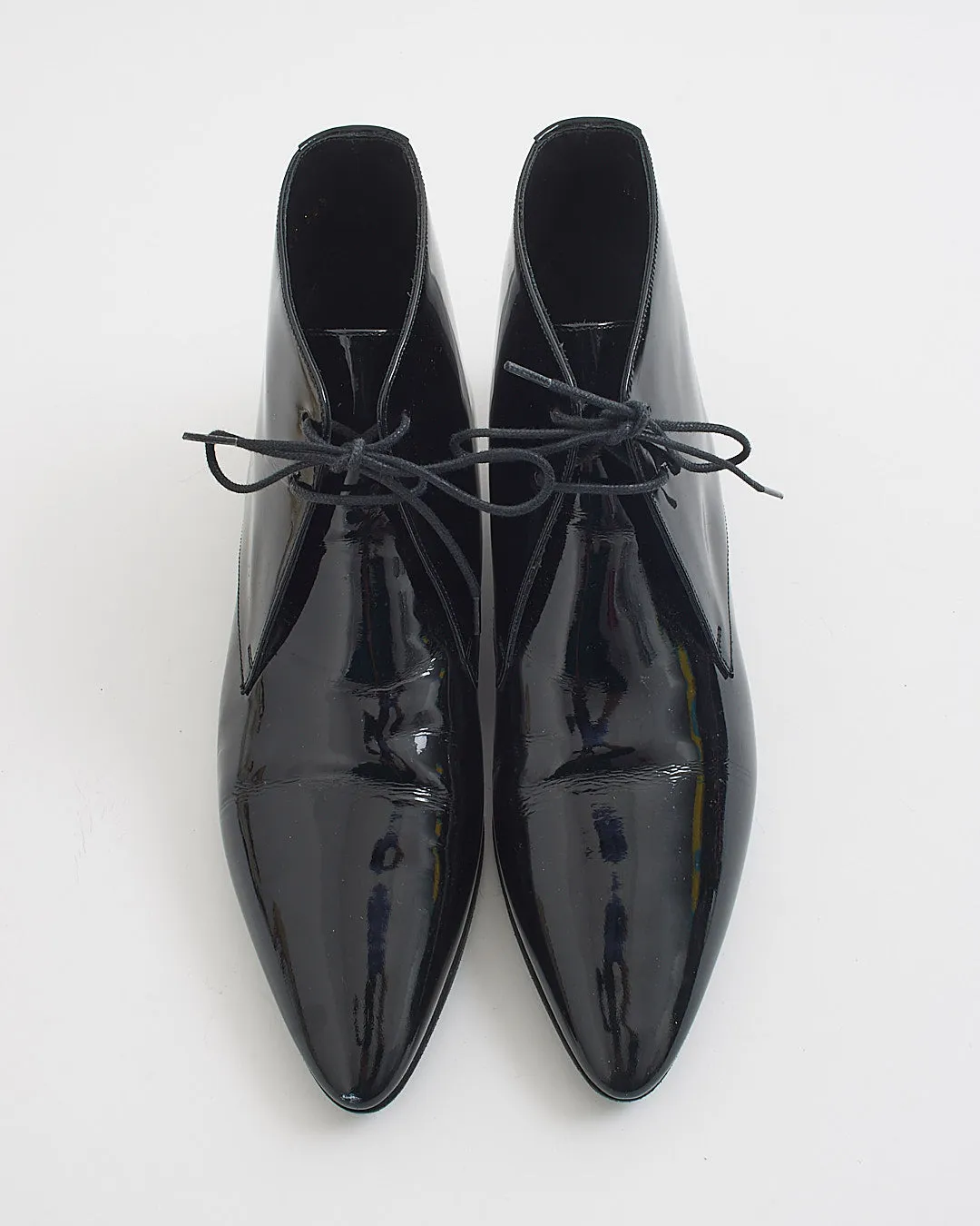 Saint Laurent Black Patent Pointed Toe Lace Up Booties - 38.5