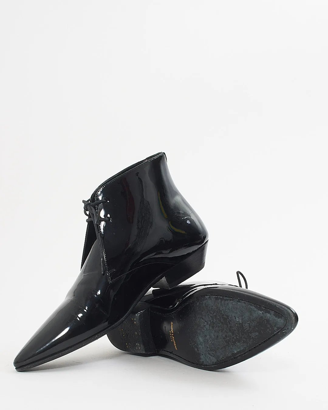 Saint Laurent Black Patent Pointed Toe Lace Up Booties - 38.5