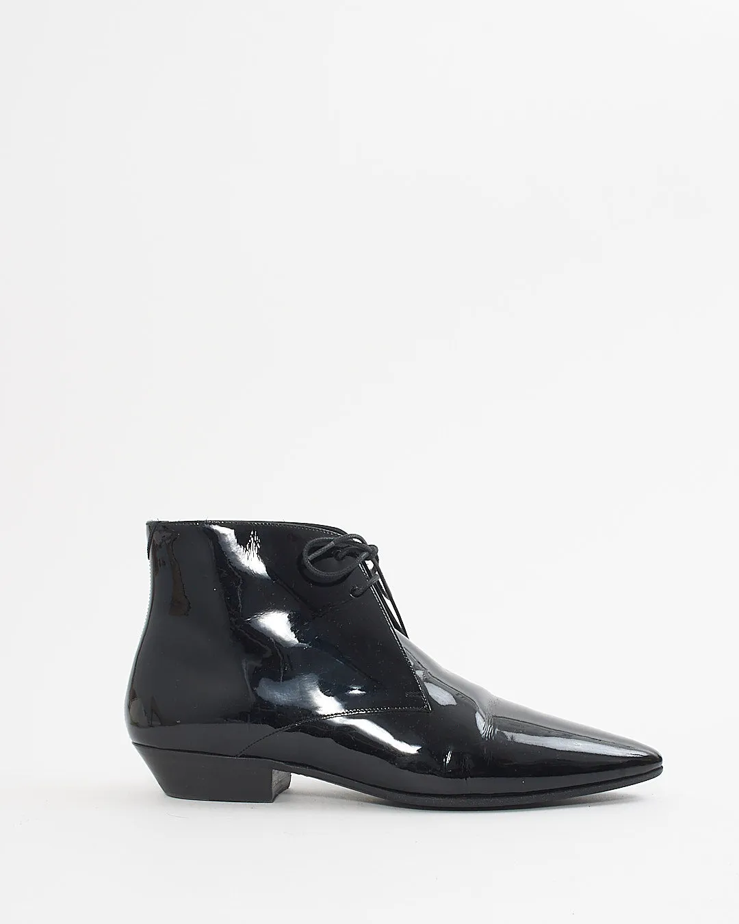 Saint Laurent Black Patent Pointed Toe Lace Up Booties - 38.5