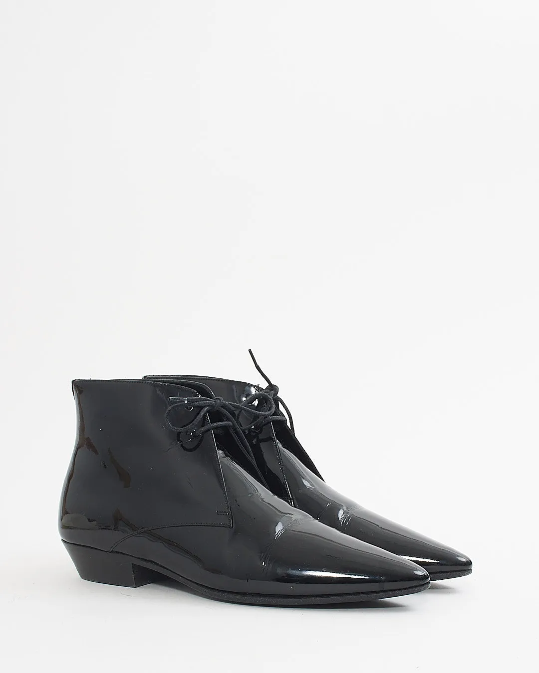Saint Laurent Black Patent Pointed Toe Lace Up Booties - 38.5