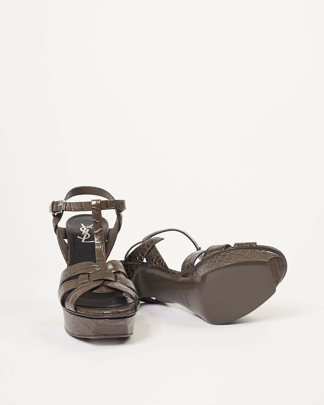 Saint Laurent Brown Croc-Embossed Tribute 105mm Platform Sandals - 39
