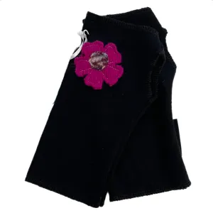 SALE Wool Short Flower Fingerless Mittens - Navy with Off Center Fuchsia Flower - 210