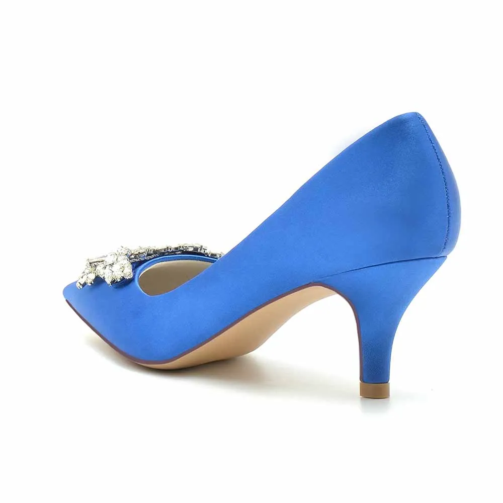 Satin Low Heels Slip-On Pumps With Beaded Closed Toe Party Shoes