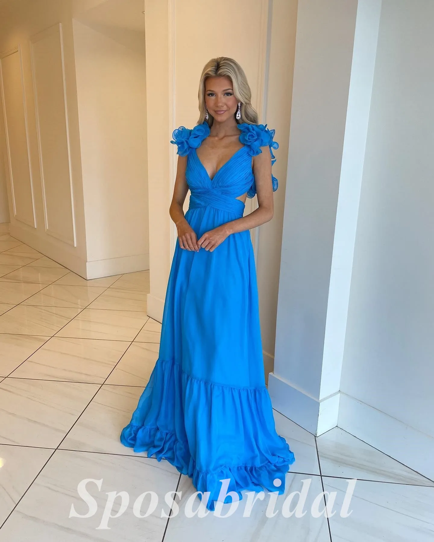 Sexy Chiffon Spaghetti Straps V-Neck Lace Up Back A-Line Long Prom Dresses,PD3703