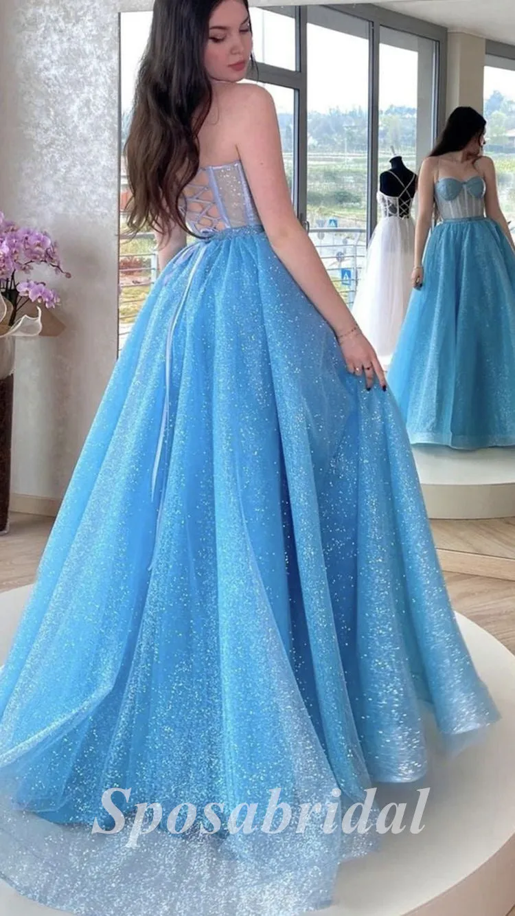 Sexy Sequin Tulle Spaghetti Srtraps Sleeveless Lace Up A-Line Long Prom Dresses, PD3598