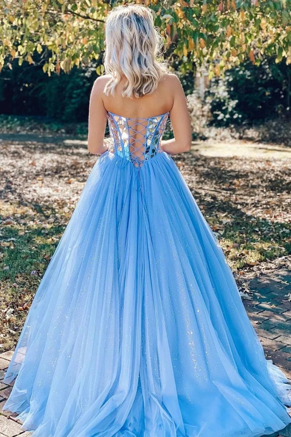 Shiny Sweetheart Sequins Blue Tulle Long Prom Dress Formal Evening Dress OK1318