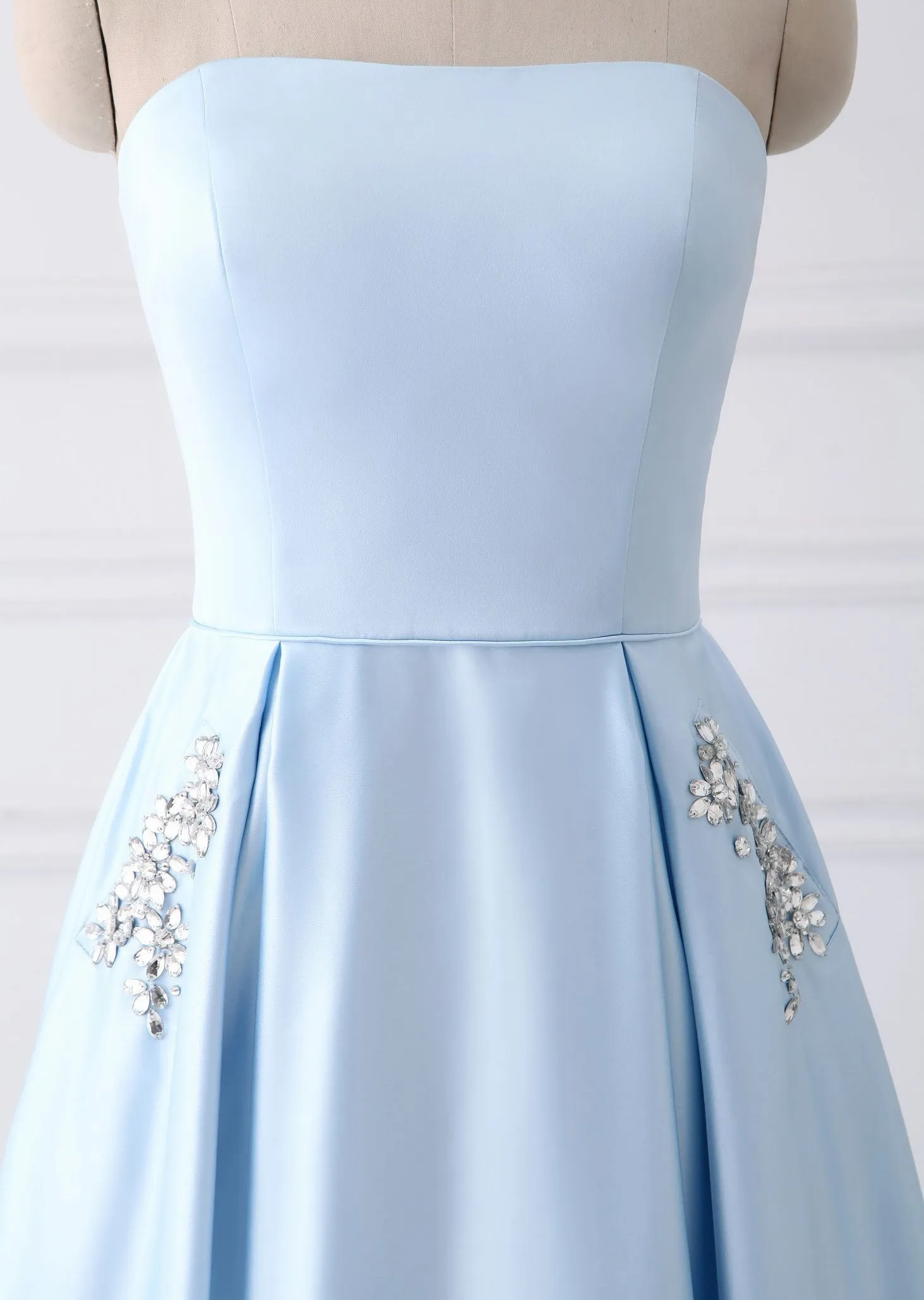 Simple A-line Strapless Long Crystal Light Blue Cheap Prom Dress with Pocket OK669