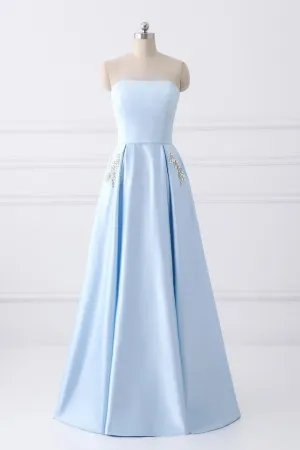Simple A-line Strapless Long Crystal Light Blue Cheap Prom Dress with Pocket OK669